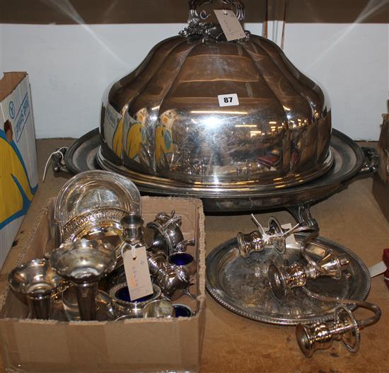 Large plated domed meat cover, vineous handle, with associated dish & sundry plated items